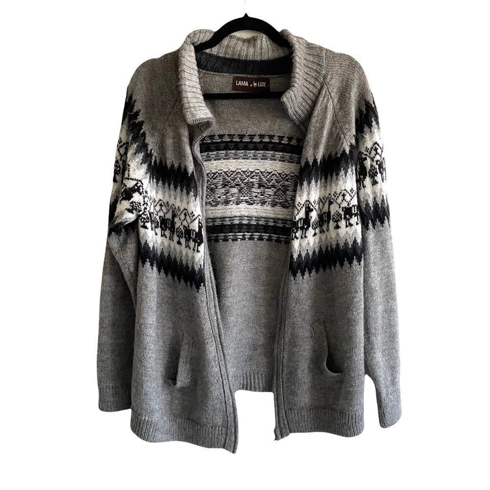 LAMA LUX Peru Wool Zip Front Knit Cardigan Sweater Jacket Gray Black White M/L - Picture 2 of 8